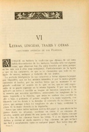 VI. Letras, lenguas, trajes y otras costumbres antiguas de los Filipinos