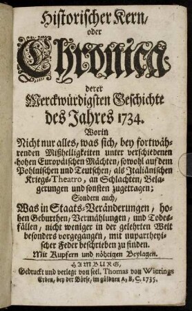 1734: Historischer Kern oder Chronica derer merckwürdigsten Geschichte des Jahres 1734