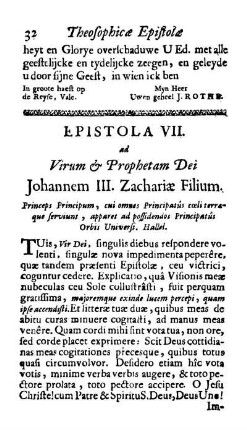 Epistola VII. ad Virum & Prophetam Dei Johannem III. Zachariæ Filium