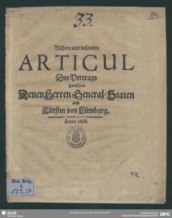 Nähere und besondre Articul des Vertrags zwischen denen Herren General-Staten und Fürsten von Lüneburg