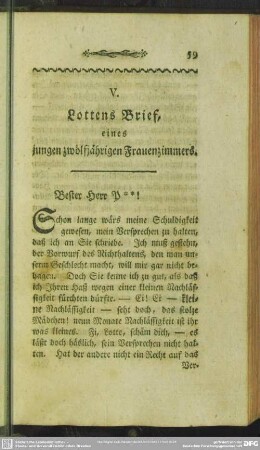 V. Lottens Brief, eines jungen zwölfjährigen Frauenzimmers