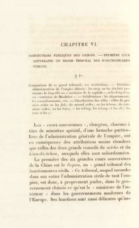 Chapitre VI. Institutions publiques des chinois. - Première cour souveraine ou grand tribunal des fonctionnaires publics
