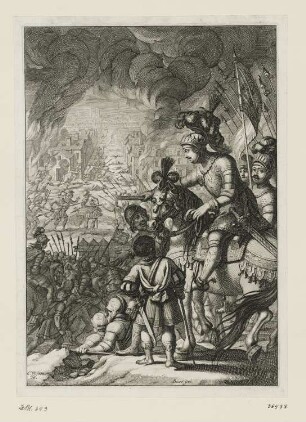 Charles VII beobachtet die Einnahme von Paris durch französische Truppen, heilige Johanna von Orléans in einer Gloriole im Hintergrund, aus: Jean Chapelain, "La Pucelle ou La France delivrée, poëme héroïque", Paris 1656