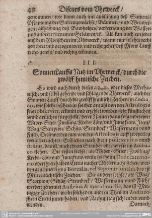 III. SonnenLauffs Nutz im Uhrwerck/ durch die zwölff himlische Zeichen.