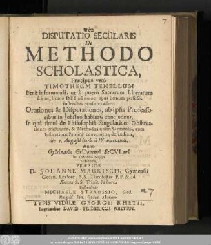 Disputatio Secularis De Methodo Scholastica,