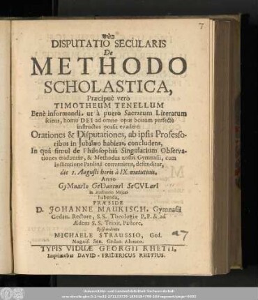 Disputatio Secularis De Methodo Scholastica,