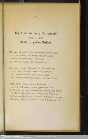 Abschied an mein Saitenspiel. Letztes Sonett. Zu Gr..s goldner Hochzeit