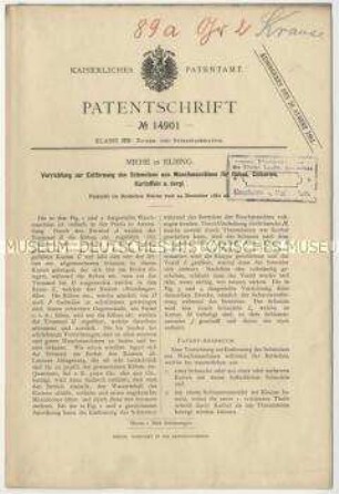 Patentschrift einer Vorrichtung zur Entfernung des Schmutzes aus Waschmaschinen für Rüben, Patent-Nr. 14901