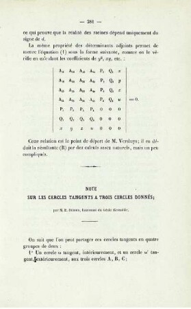 Note sur les cercles tangents a trois cercles donnés.