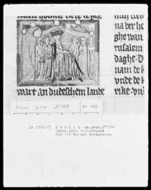 Sächsische Weltchronik (bis zum Jahre 1229) — Schwertleite der Söhne Barbarossas, Folio 112recto