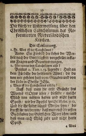Die kürtzere Unterweisung über den Christlichen Catechismum der Reformierten Niederländischen Kirchen.