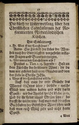 Die kürtzere Unterweisung über den Christlichen Catechismum der Reformierten Niederländischen Kirchen.