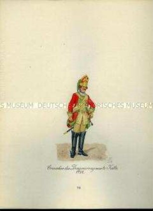 Uniformdarstellung, Grenadier des Dragoner-Regiments "Katte", 1724. Aus: Sammelmappe "Sachsens Militär", Königliche Arsenalsammlung.