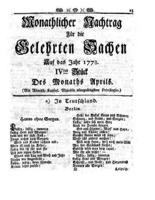 Monathlicher Nachtrag [...] Auf das Jahr 1778. IVtes Stück Des Monaths Aprilis