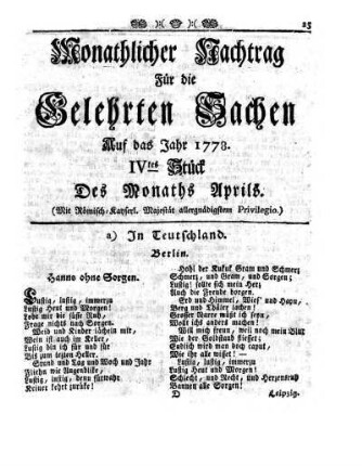 Monathlicher Nachtrag [...] Auf das Jahr 1778. IVtes Stück Des Monaths Aprilis