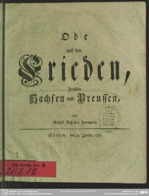 Ode auf den Frieden, Zwischen Sachsen und Preussen