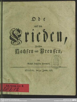 Ode auf den Frieden, Zwischen Sachsen und Preussen