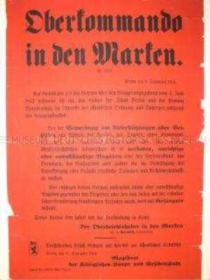 Maueranschlag mit Hinweis auf die Strafbarkeit unrichtiger Angaben zum Personenstand bei der Bewerbung um Unterstützung im Belagerungszustand