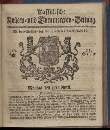 15. Stueck, Montag den 9ten April 1764
