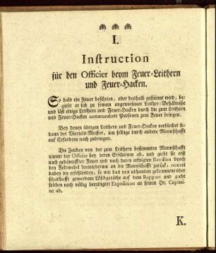 I. Instruction für den Officier beym Feuer-Leithern und Feuer-Hacken.