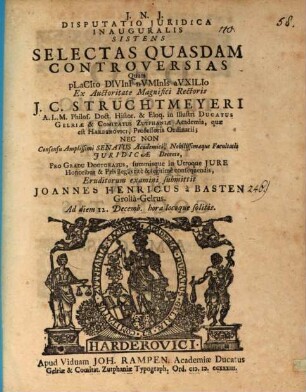 Disp. iur. inaug. sistens selectas quasdam controversias