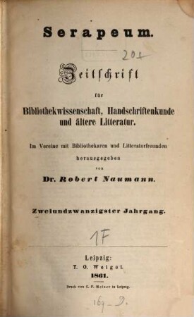 Serapeum : Zeitschrift für Bibliothekwissenschaft, Handschriftenkunde und ältere Literatur, 22. 1861