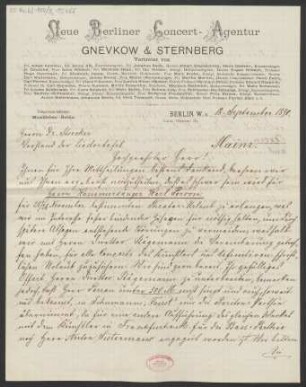 Brief an Ludwig Strecker  und Mainzer Liedertafel und Damengesangverein : 18.09.1890
