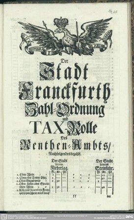 Der Stadt Franckfurth Zahl-Ordnung und Tax-Rolle Des Renthen-Ambts, Nachfolgendes bezahlt