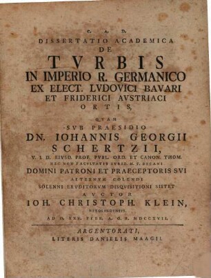 Dissertatio Academica De Tvrbis In Imperio R. Germanico Ex Elect. Lvdovici Bavari Et Friderici Avstriaci Ortis