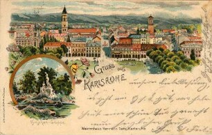 Postkartenalbum. "Gruss aus Karlsruhe". Stadtpanorama vom Schlossturm, Nymphen-Gruppe