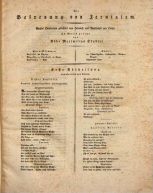 Die Befreyung von Jerusalem : gr. Oratorium in 2 Abt. ; ged. von Heinrich u. Matthäus von Colin