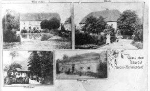 Rosenbach-Herwigsdorf. Ehem. Hammermühle (oben rechts) des Rittergutes Nieder-Herwigsdorf, Ansichtskarte, Repro