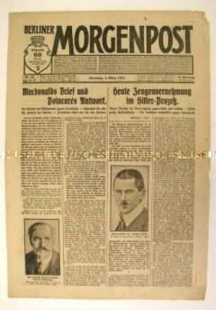 Tageszeitung "Berliner Morgenpost" zum Prozess gegen die Teilnehmer des Hitler-Putsches und zu Differenzen der Entente-Mächte in der Haltung gegenüber Deutschland