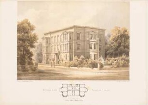 Wohnhaus Regentenstraße, Berlin: Grundriss, rerspektivische Ansicht (aus: Architektonisches Skizzenbuch, H. 57/4, 1862)