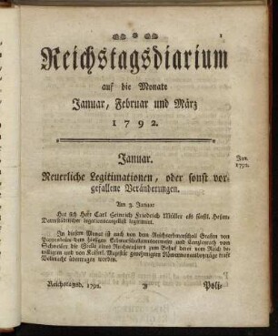 Reichstagsdiarium auf die Monate Januar, Februar und März 1792.