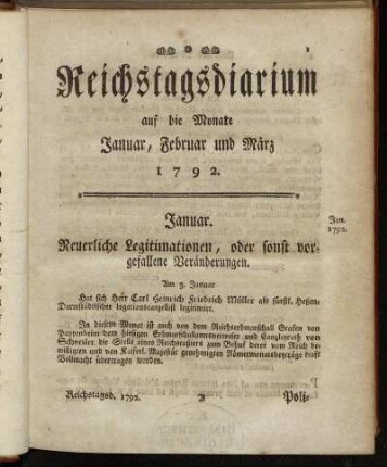 Reichstagsdiarium auf die Monate Januar, Februar und März 1792.