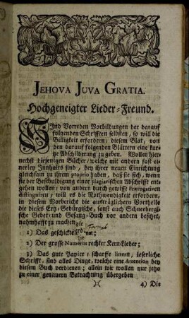 Jehova Juva Gratia. Hochgeneigter Lieder-Freund.