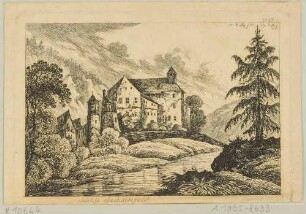 Das Schloss (Rittergut) in Sachsenfeld (Schwarzenberg-Sachsenfeld), Blick aus westlicher Richtung, vor dem Brand 1833