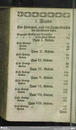 I. Register Der Predigten, nach den Haupt-Stücken der Christlichen Lehre
