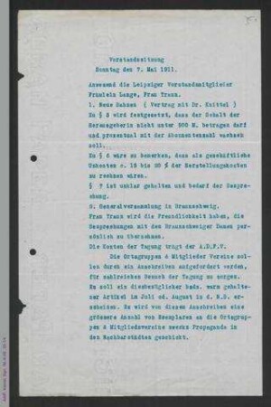 Protokoll Vorstandssitzung Mai 1911