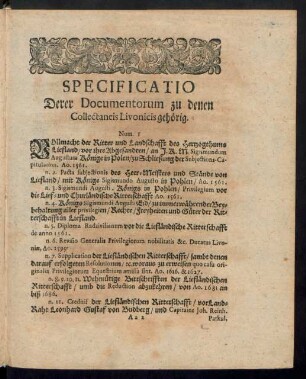 Specificatio Derer Documentorum zu denen Collectaneis Livonicis gehörig.