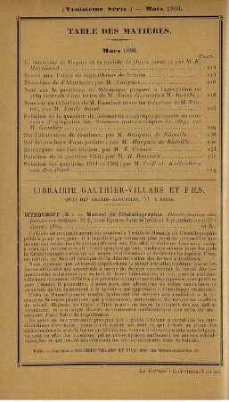 Table des matières. Mars 1890.