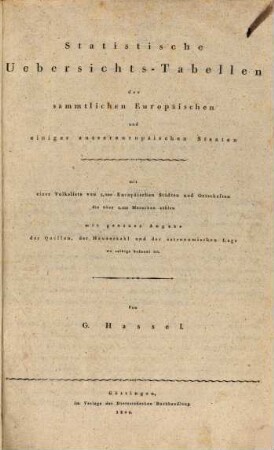 Statistische Uebersichts-Tabellen der Europäischen und aussereuropäischen Staaten