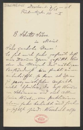 Brief an B. Schott's Söhne : 07.04.1908