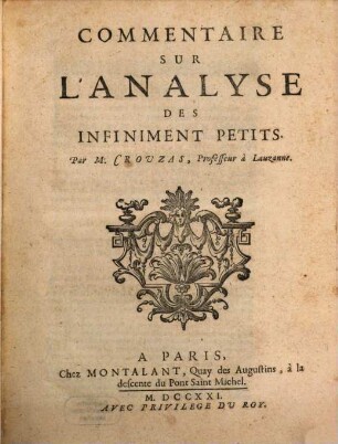 Commentaire Sur L'Analyse Des Infiniment Petits