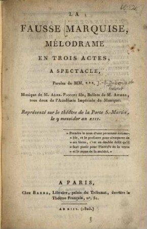 La fausse marquise : mélodrame en trois actes, à spectacle