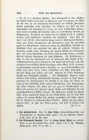 572-573 [Rezension] Nikel, Johannes, Der Hebräerbrief