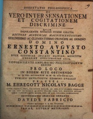 Diss. philos. de vero inter sensationem et cogitationem discrimine