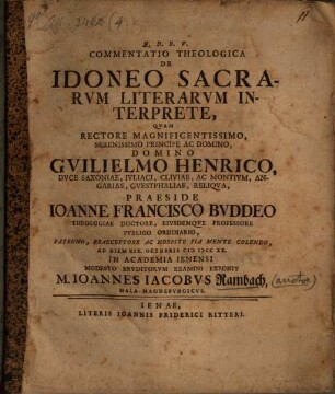 Commentatio theol. de idoneo sacrarum literarum interprete