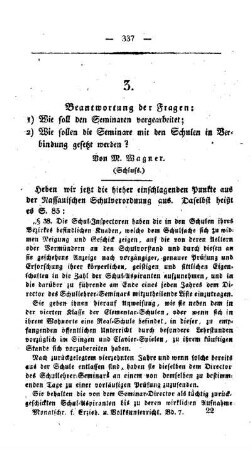 Beantwortung der Fragen: 1) Wie soll den Seminaren vorgearbeitet; 2) Wie sollen die Seminare mit den Schulen in Verbindung gesetzt werden?